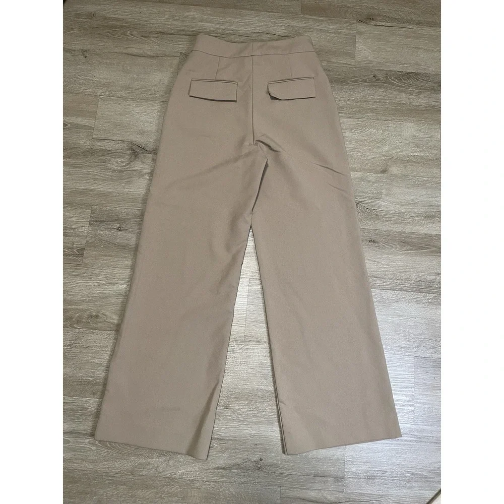 Zara High Waisted Wide Leg Dress Pants Womens Sz S Beige Tan Flat Front Career - Picture 2 of 8